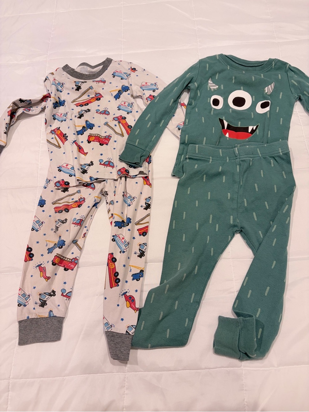 Old Navy & Shelry Green Monster Footed One-Piece & Vehicle Print Pajamas